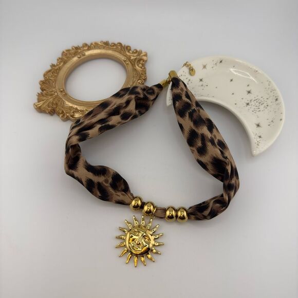 Leopard Print Scarf Necklace with Gold Sun Pendant – Bold, Glamorous & Unique - Picture 8 of 13